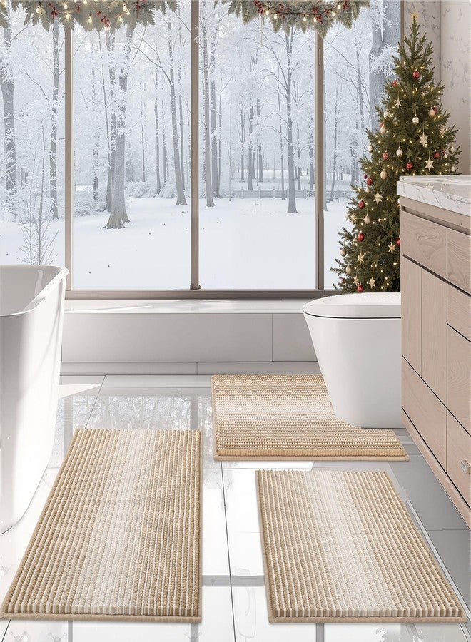 BSICPRO Bathroom Rugs Sets 3 Piece, Toilet Rugs U-Shaped Contour Bath Mat Set, Striped Absorbent Non Slip Chenille Shower Mat, Beige - Image 1